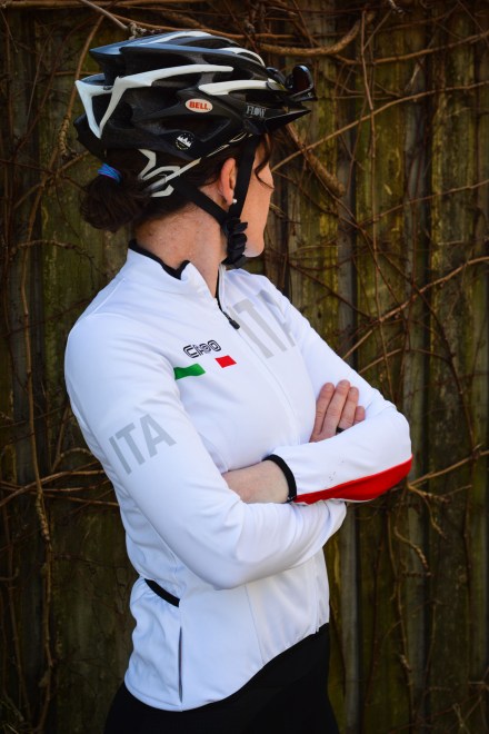 The wind-blocking front is stitched to a more breathable material for the back.