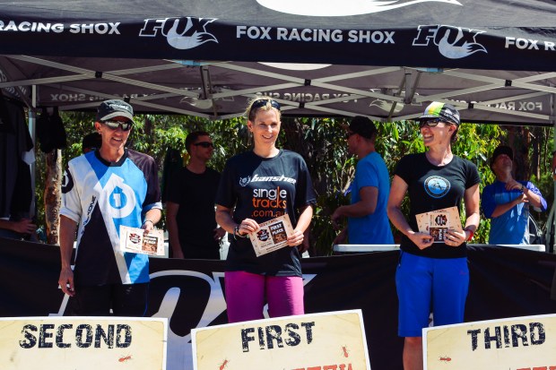 The Elite Women's podium. L-R Joanne Fox, Ness Thompson, Beaming Bicksy.